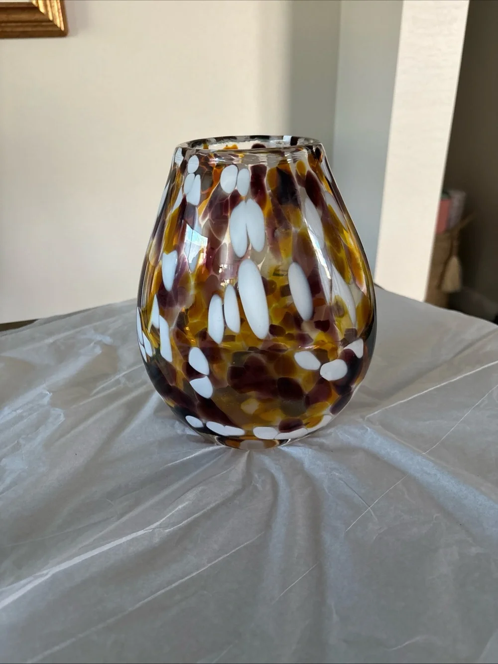 Hand Blown Art Glass Vase White Amber Spots Artisan Studio 7.65” Heavy Solid